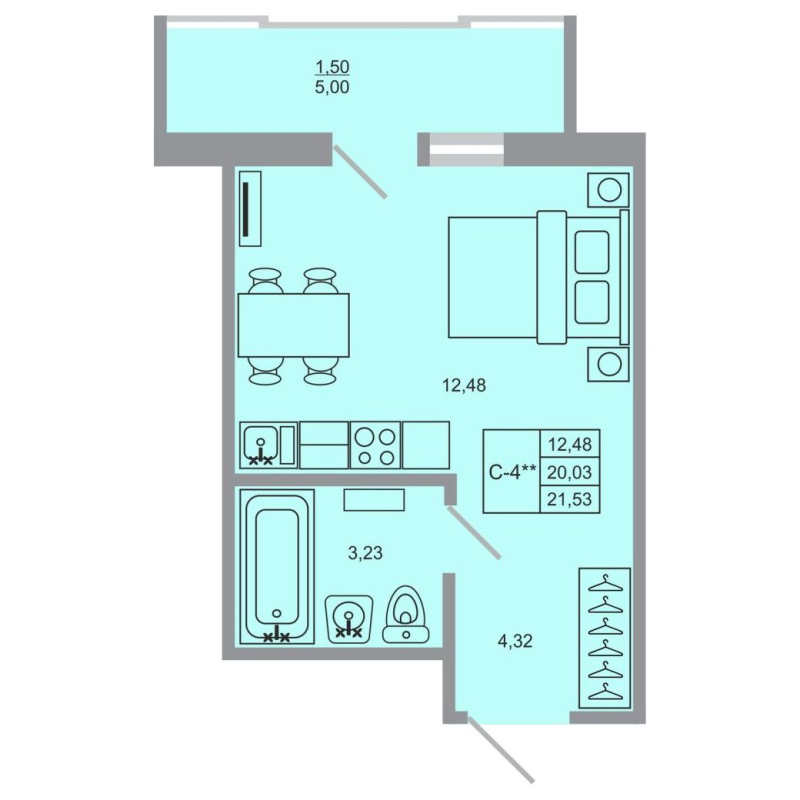 Квартира-студия, 21.53 м² в ЖК "Стороны света-2" - планировка, фото №1