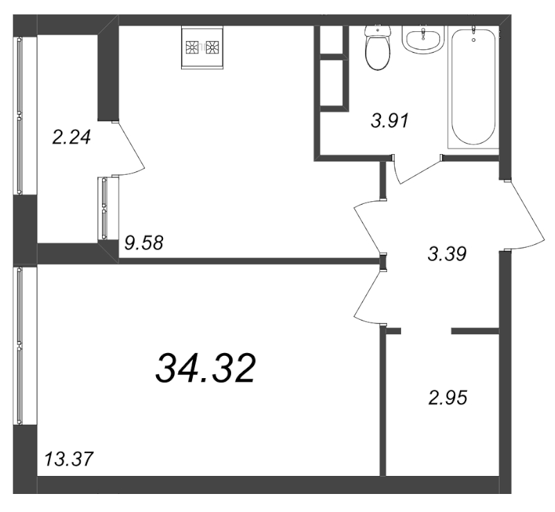 1-комнатная квартира, 34.32 м² - планировка, фото №1
