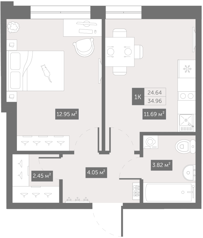 1-комнатная квартира, 36.4 м² в ЖК "Зум Чёрная Речка" - планировка, фото №1