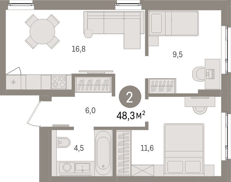 3-комнатная (Евро) квартира, 48.3 м² в ЖК "Брусника в Новоселье" - планировка, фото №1