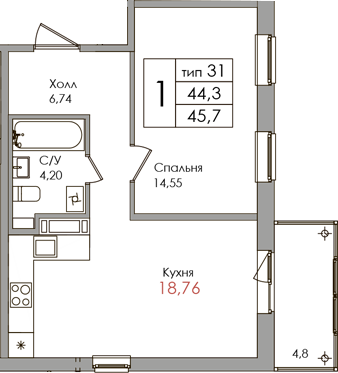 2-комнатная (Евро) квартира, 44.3 м² в ЖК "Верхний" - планировка, фото №1