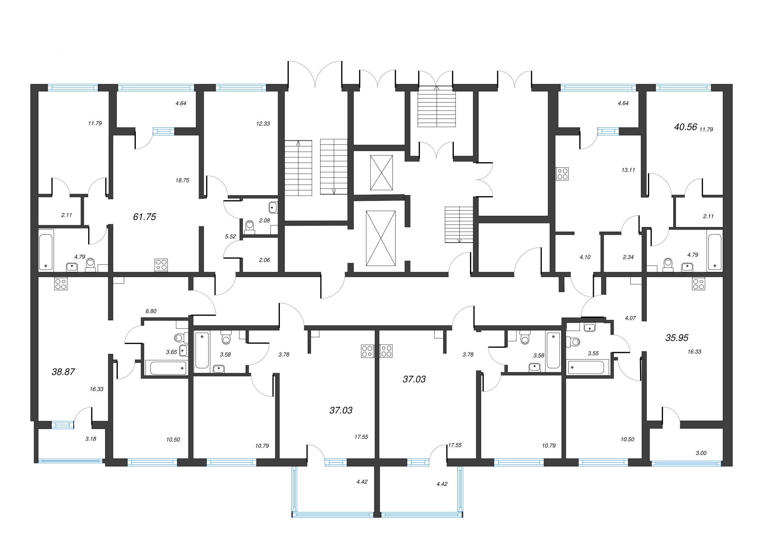 2-комнатная (Евро) квартира, 38.87 м² - планировка этажа