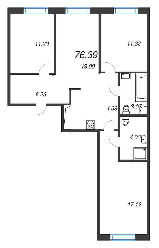 4-комнатная (Евро) квартира, 76.39 м² в ЖК "Окла" - планировка, фото №1