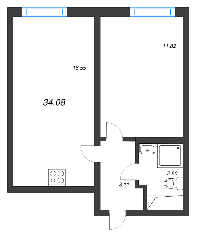 2-комнатная (Евро) квартира, 34.08 м² в ЖК "Морская миля" - планировка, фото №1