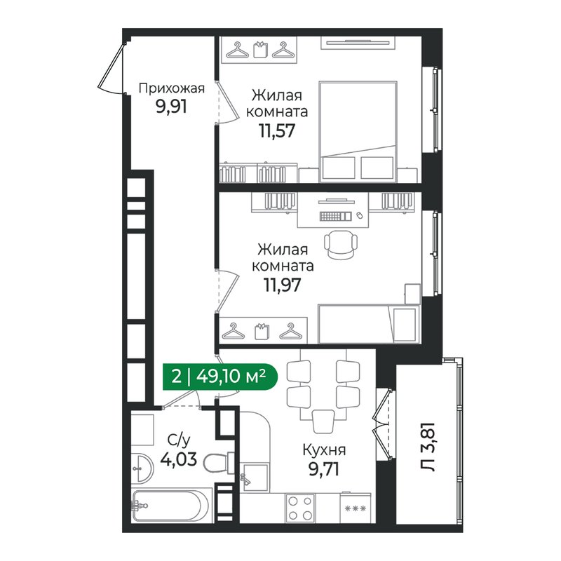 2-комнатная квартира, 49.1 м² в ЖК "Сертолово Парк" - планировка, фото №1