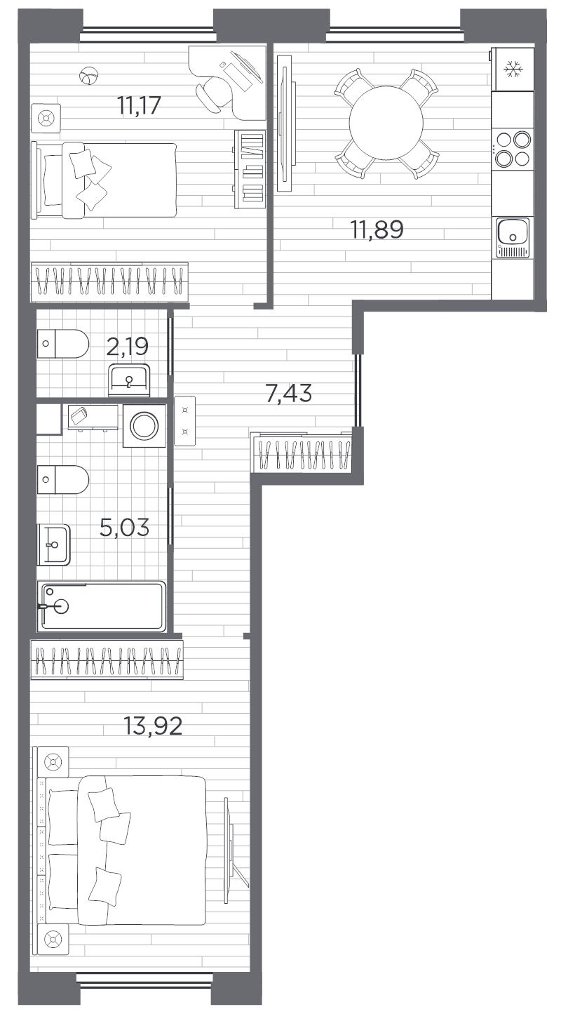 2-комнатная квартира, 51.63 м² в ЖК "PLUS Пулковский" - планировка, фото №1