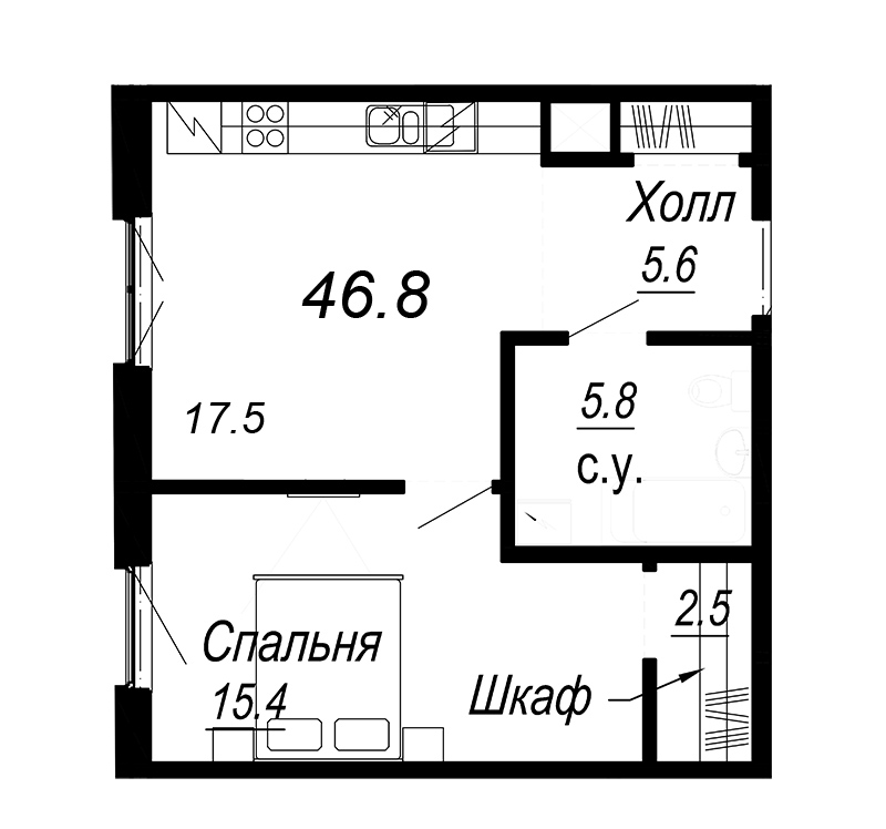 2-комнатная (Евро) квартира, 47.5 м² в ЖК "Meltzer Hall" - планировка, фото №1