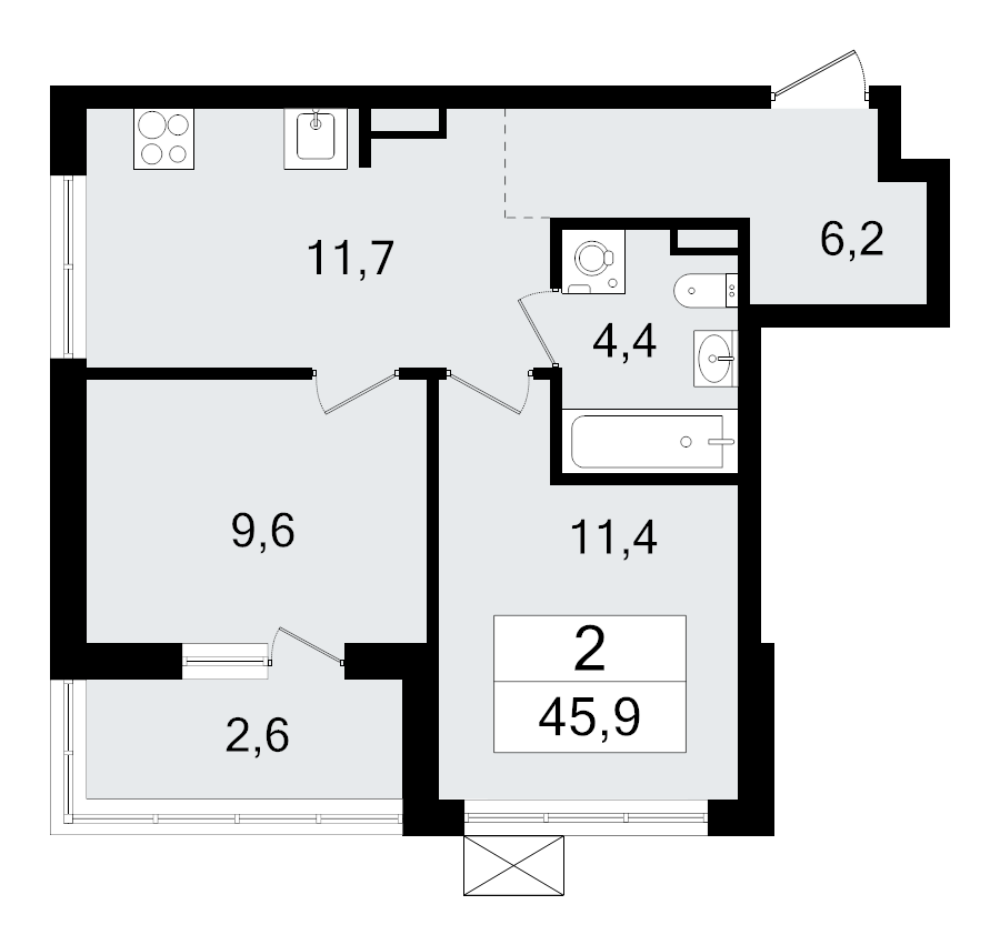 2-комнатная квартира, 45.9 м² - планировка, фото №1