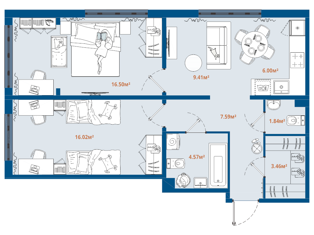 2-комнатная квартира, 65.39 м² в ЖК "ЛесArt" - планировка, фото №1