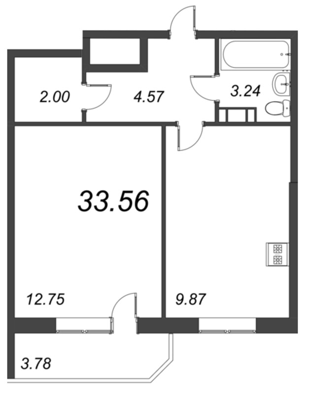 1-комнатная квартира, 33.56 м² - планировка, фото №1