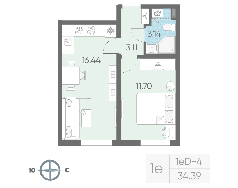 2-комнатная (Евро) квартира, 34.39 м² в ЖК "Морская миля" - планировка, фото №1