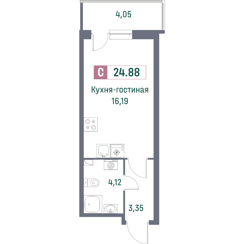 Квартира-студия, 24.88 м² - планировка, фото №1