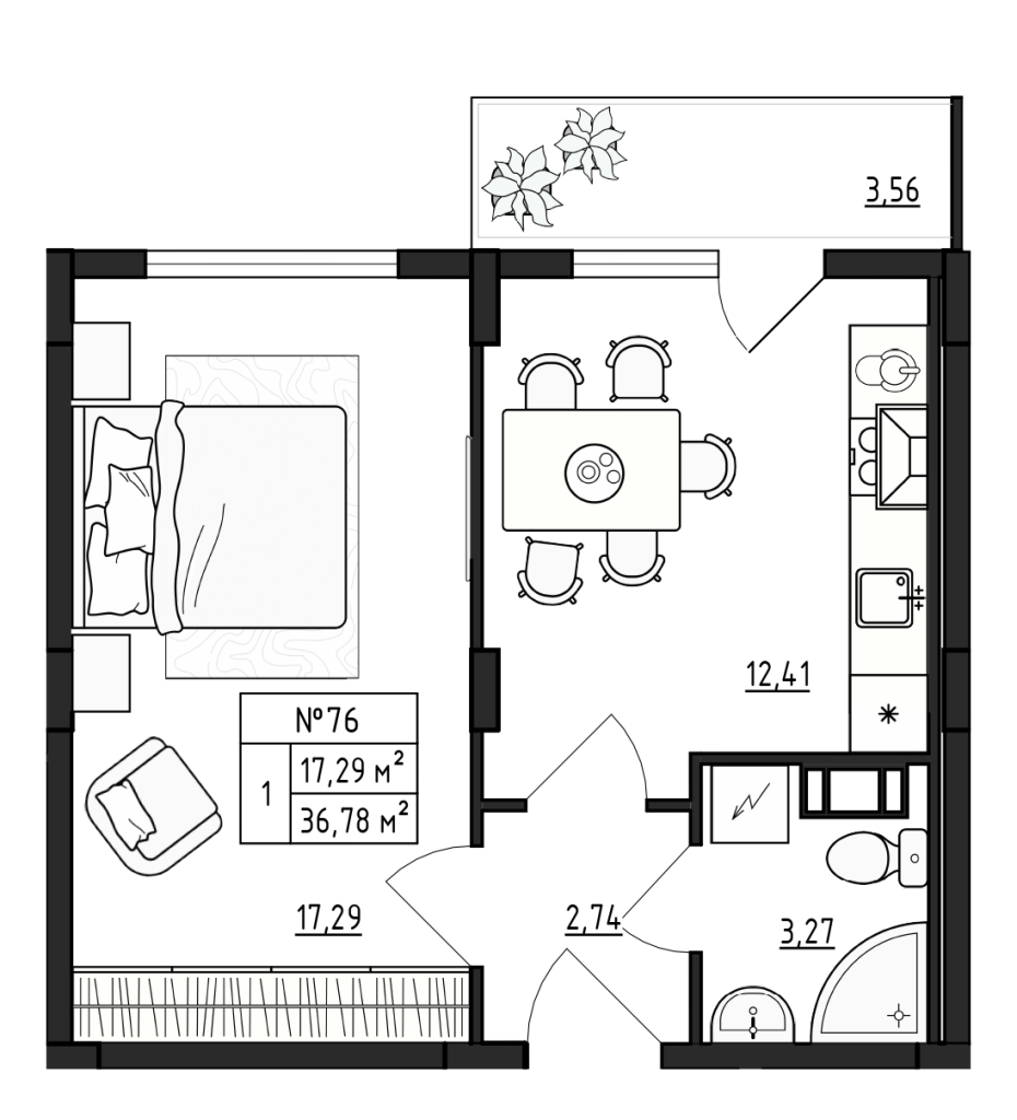 1-комнатная квартира, 36.78 м² в ЖК "Верево Сити" - планировка, фото №1