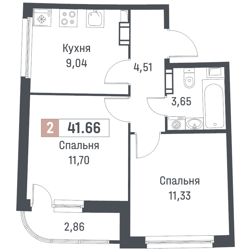 2-комнатная квартира, 41.66 м² - планировка, фото №1