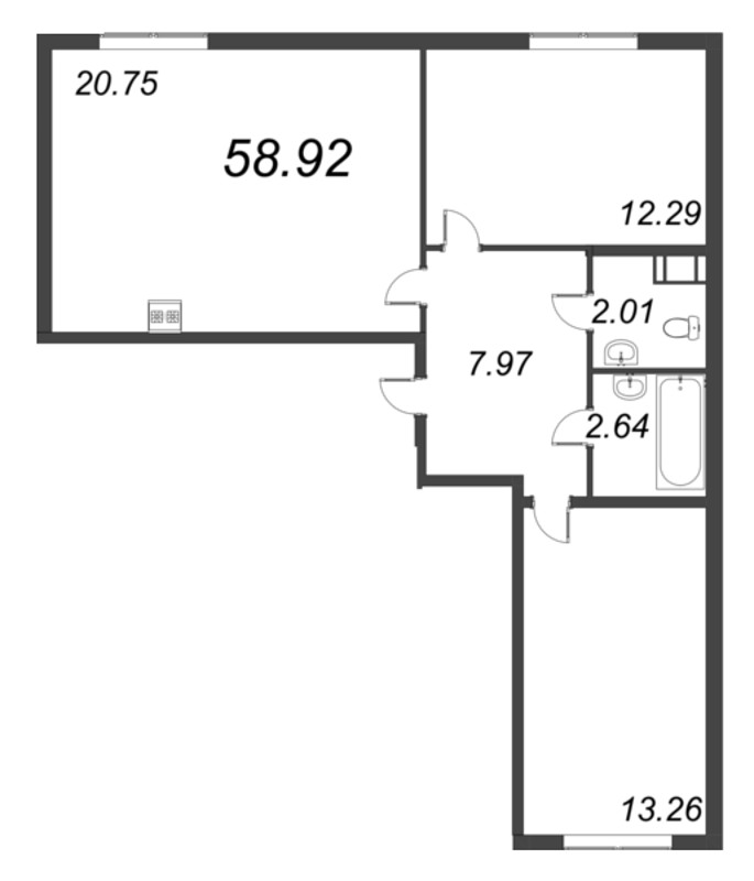 3-комнатная (Евро) квартира, 58.92 м² - планировка, фото №1
