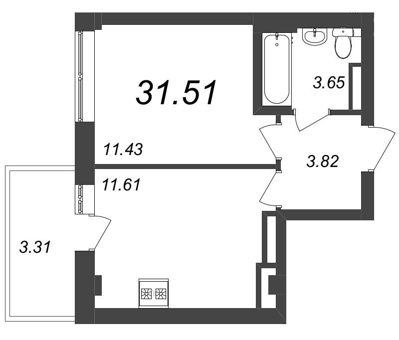 1-комнатная квартира, 31.51 м² - планировка, фото №1