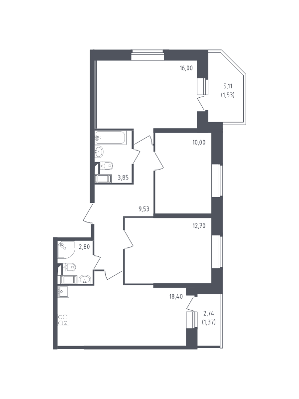 4-комнатная (Евро) квартира, 76.18 м² в ЖК "Живи! В Рыбацком" - планировка, фото №1