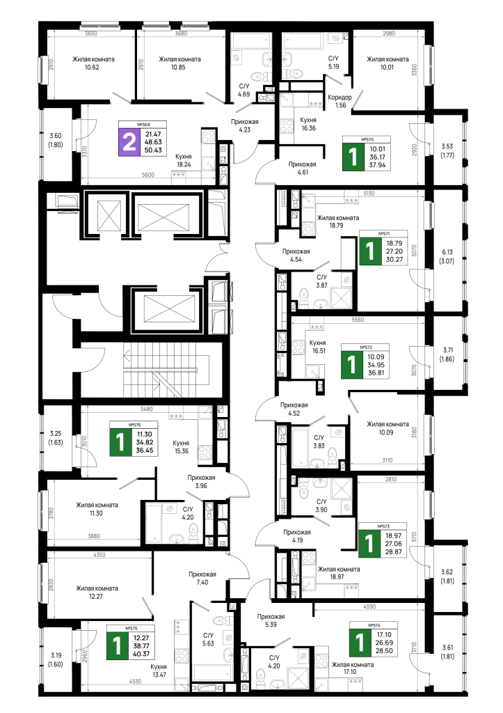 1-комнатная квартира, 40.37 м² - планировка этажа