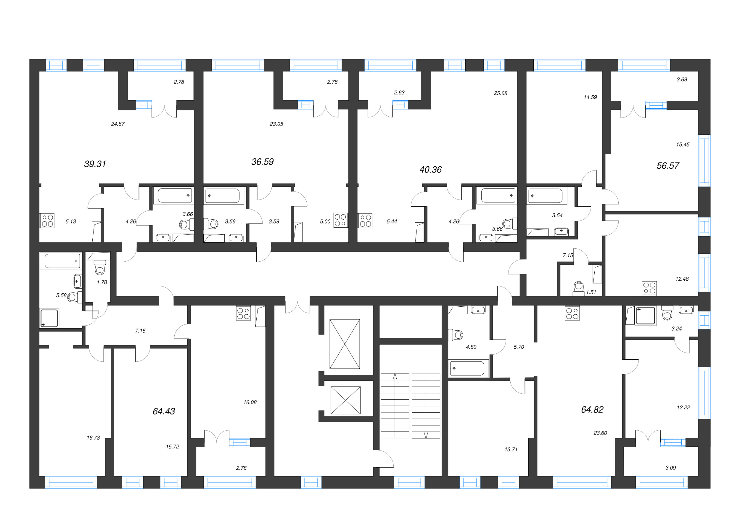 2-комнатная квартира, 64.82 м² - планировка этажа
