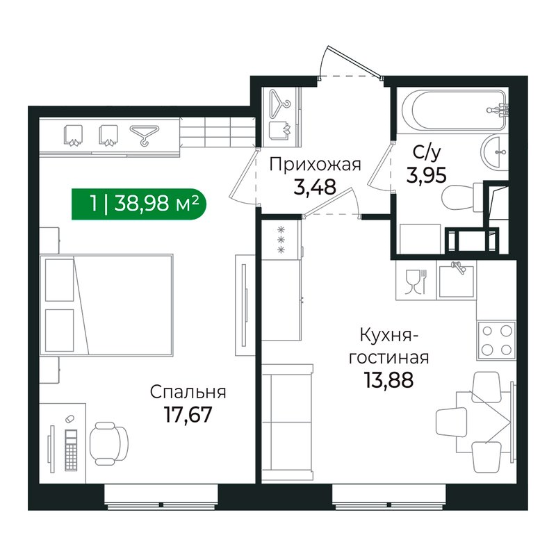 1-комнатная квартира, 38.6 м² в ЖК "Сертолово Парк" - планировка, фото №1