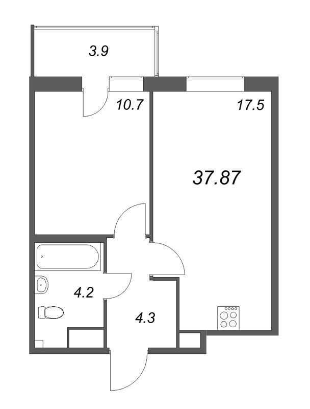 2-комнатная (Евро) квартира, 37.87 м² в ЖК "Аквилон Янино" - планировка, фото №1