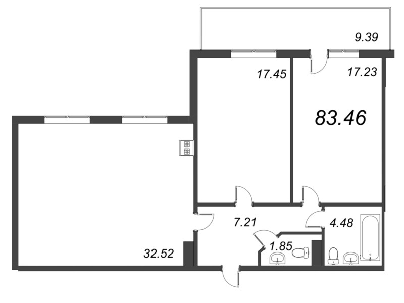 3-комнатная (Евро) квартира, 83.46 м² в ЖК "Bereg. Курортный" - планировка, фото №1