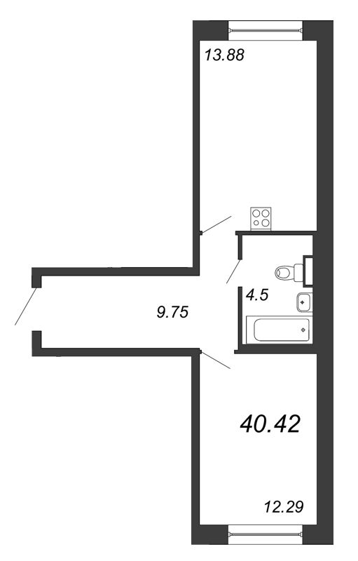 2-комнатная (Евро) квартира, 40.42 м² - планировка, фото №1