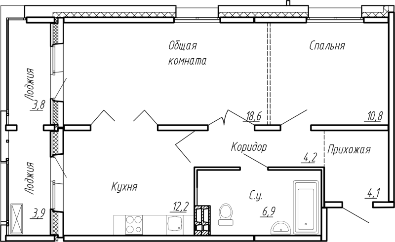 2-комнатная квартира, 64.5 м² в ЖК "Сибирь" - планировка, фото №1
