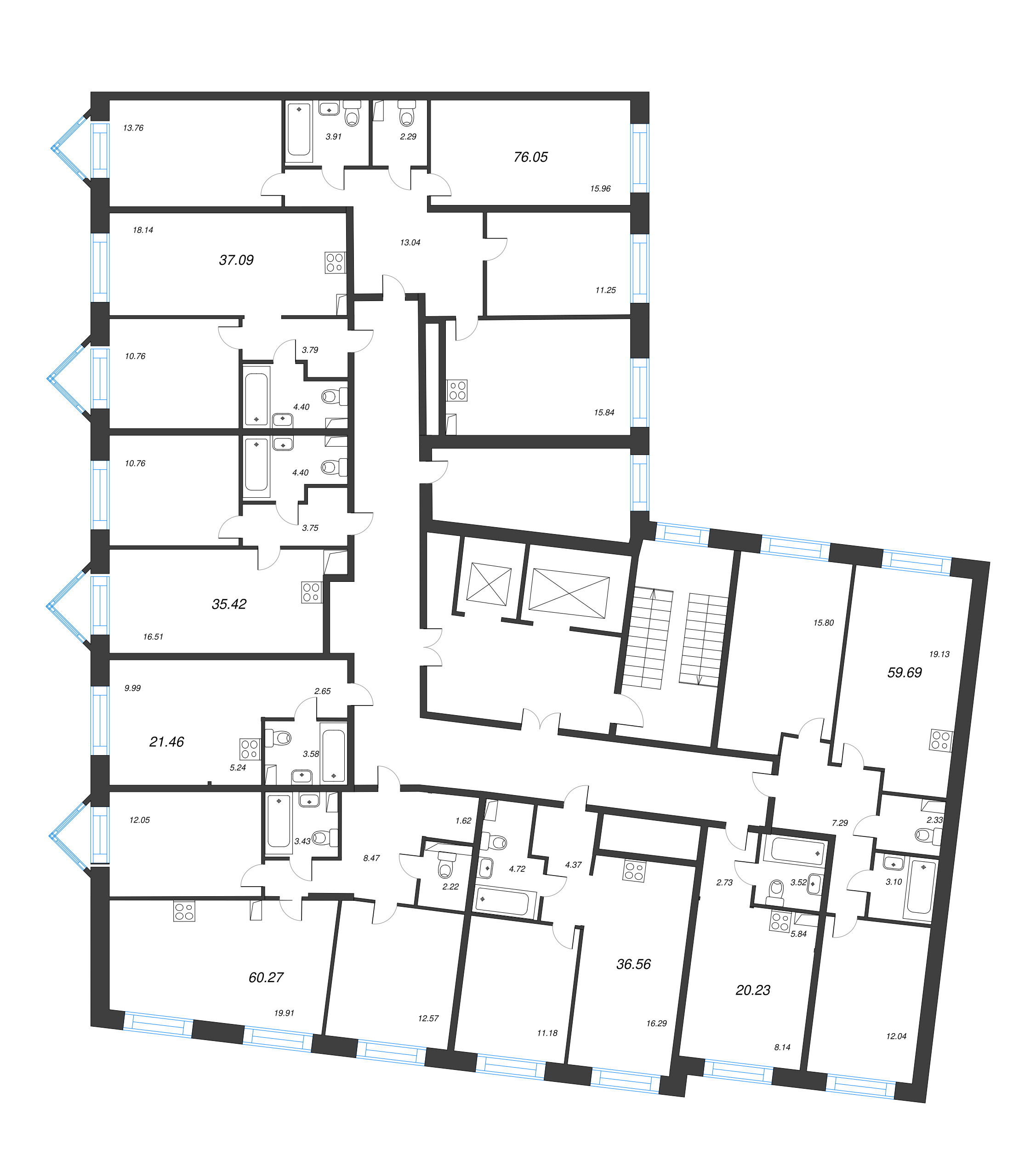 3-комнатная (Евро) квартира, 60.27 м² в ЖК "Остров Первых" - планировка этажа
