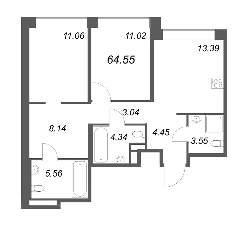 2-комнатная квартира, 64.55 м² - планировка, фото №1