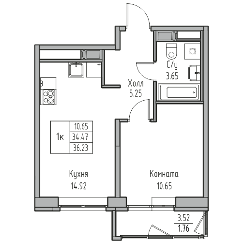 1-комнатная квартира, 36.23 м² в ЖК "Юнтолово" - планировка, фото №1