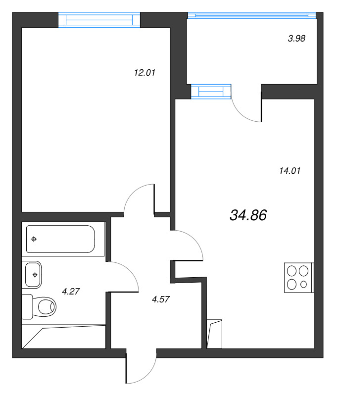 1-комнатная квартира, 34.86 м² в ЖК "Ясно.Янино" - планировка, фото №1
