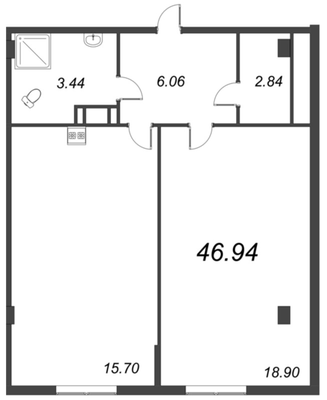 1-комнатная квартира, 46.94 м² в ЖК "Ромашки" - планировка, фото №1