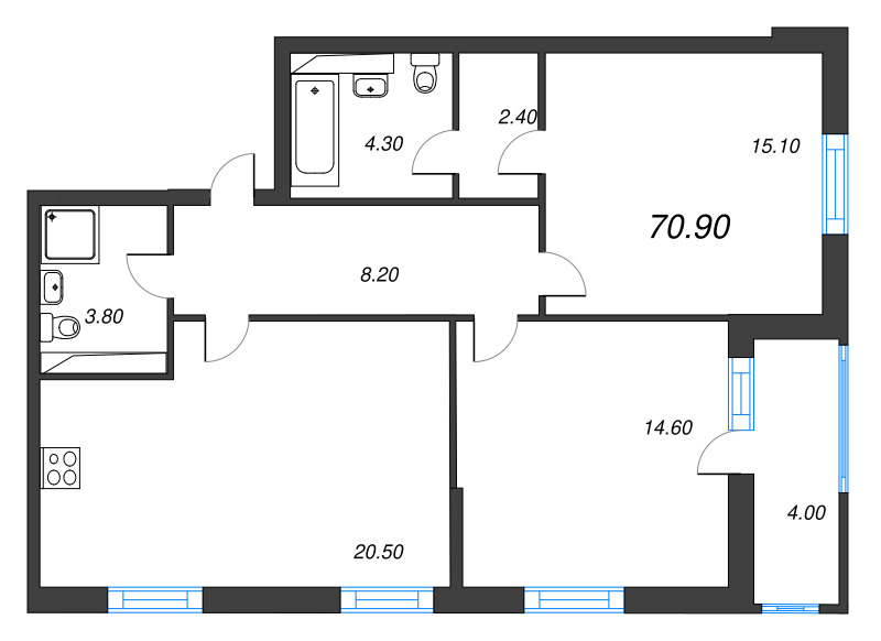 3-комнатная (Евро) квартира, 71.4 м² в ЖК "Тайм Сквер" - планировка, фото №1