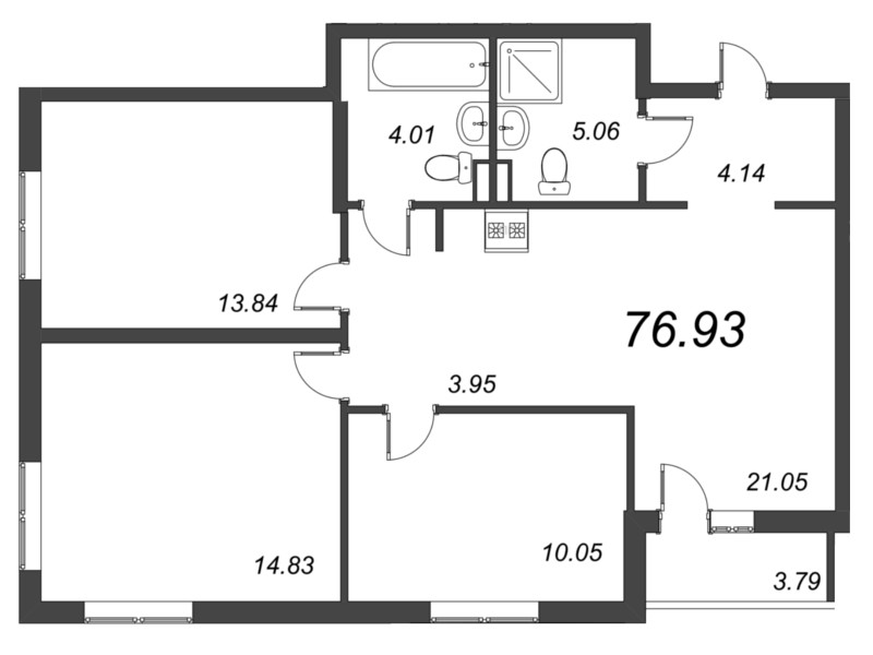 4-комнатная (Евро) квартира, 76.93 м² - планировка, фото №1