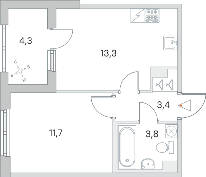 2-комнатная (Евро) квартира, 32.2 м² в ЖК "ЮгТаун" - планировка, фото №1