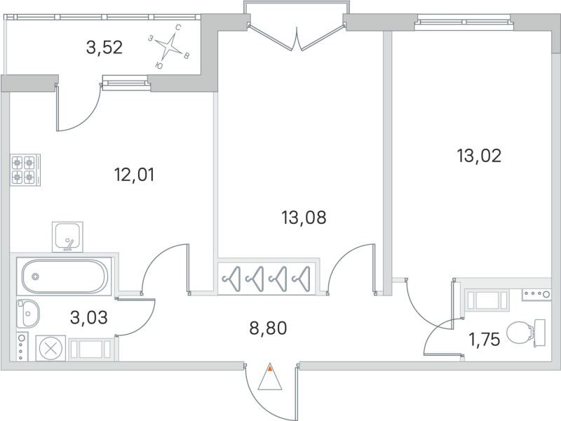 2-комнатная квартира, 51.69 м² - планировка, фото №1