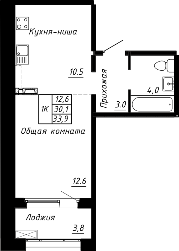1-комнатная квартира, 33.9 м² в ЖК "Сибирь" - планировка, фото №1