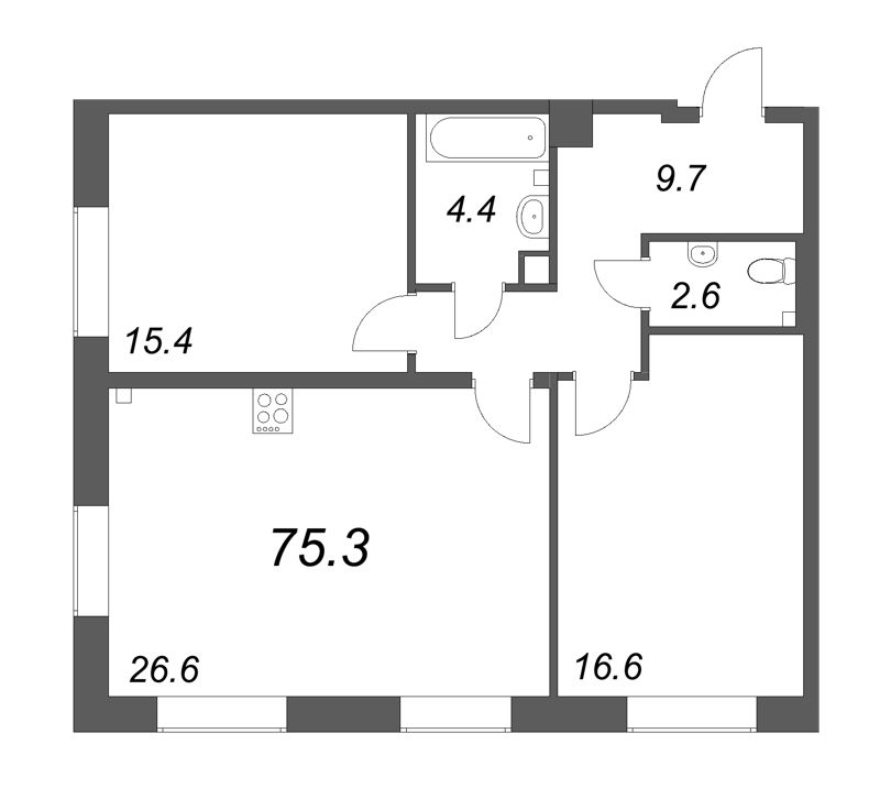 3-комнатная (Евро) квартира, 75.3 м² в ЖК "Neva Haus" - планировка, фото №1