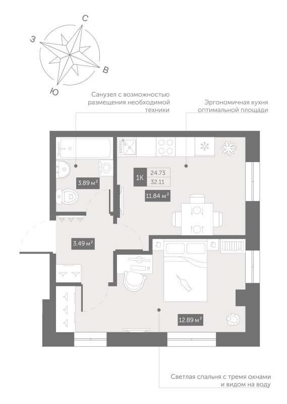 1-комнатная квартира, 32.9 м² в ЖК "Зум Чёрная Речка" - планировка, фото №1