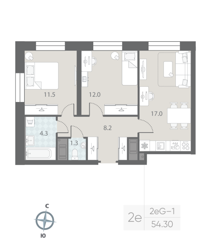 3-комнатная (Евро) квартира, 54.3 м² в ЖК "Большая Охта" - планировка, фото №1