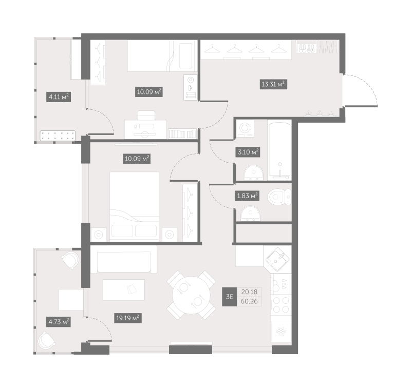 3-комнатная (Евро) квартира, 60.26 м² - планировка, фото №1