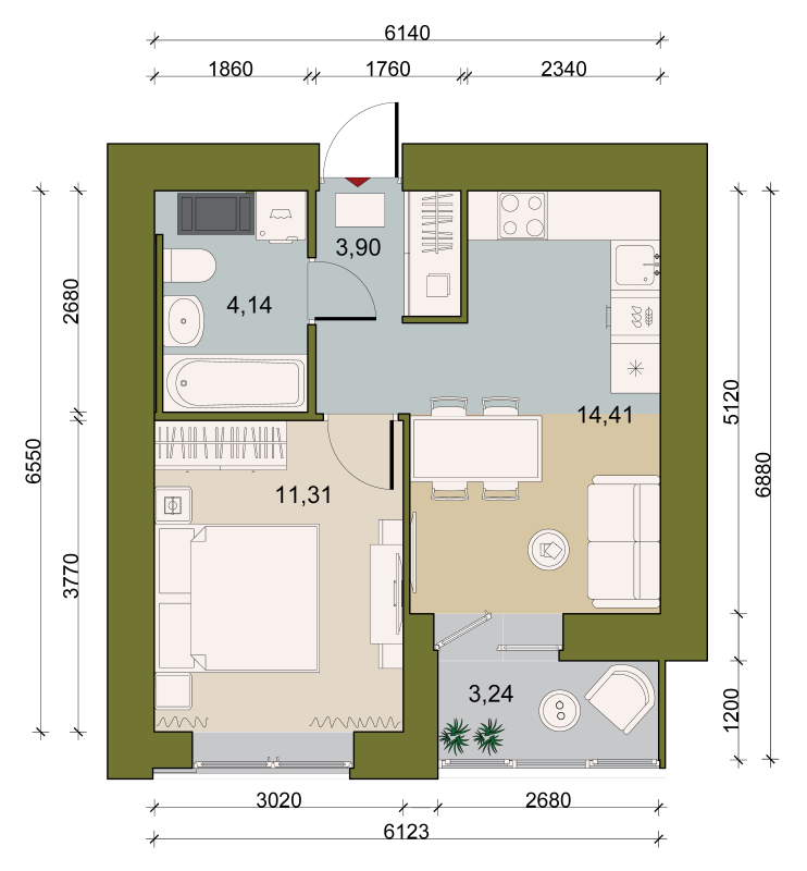 1-комнатная квартира, 35.58 м² в ЖК "Уютный" - планировка, фото №1