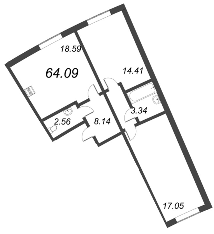 3-комнатная (Евро) квартира, 64.09 м² - планировка, фото №1