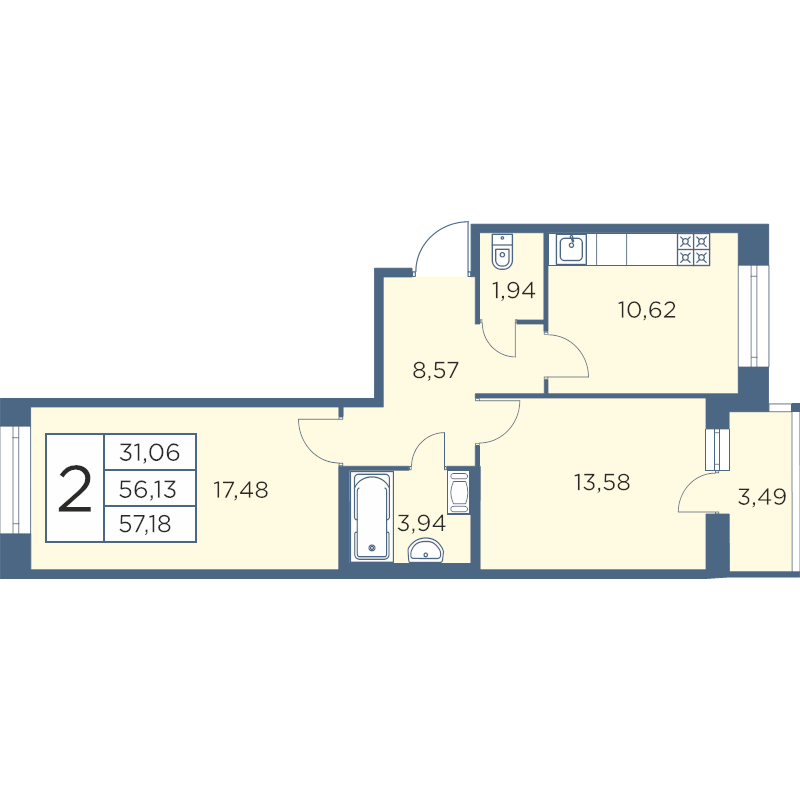 2-комнатная квартира, 56.83 м² - планировка, фото №1