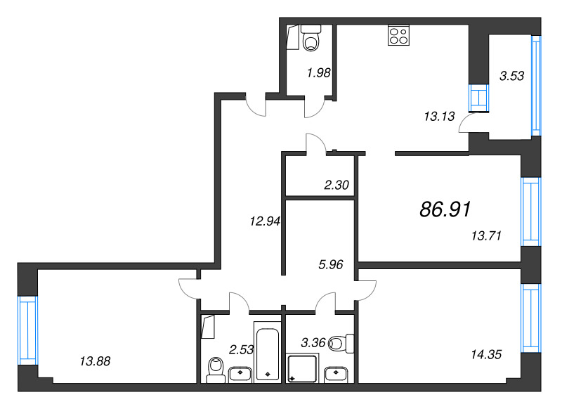 3-комнатная квартира, 86.91 м² в ЖК "Уютный" - планировка, фото №1