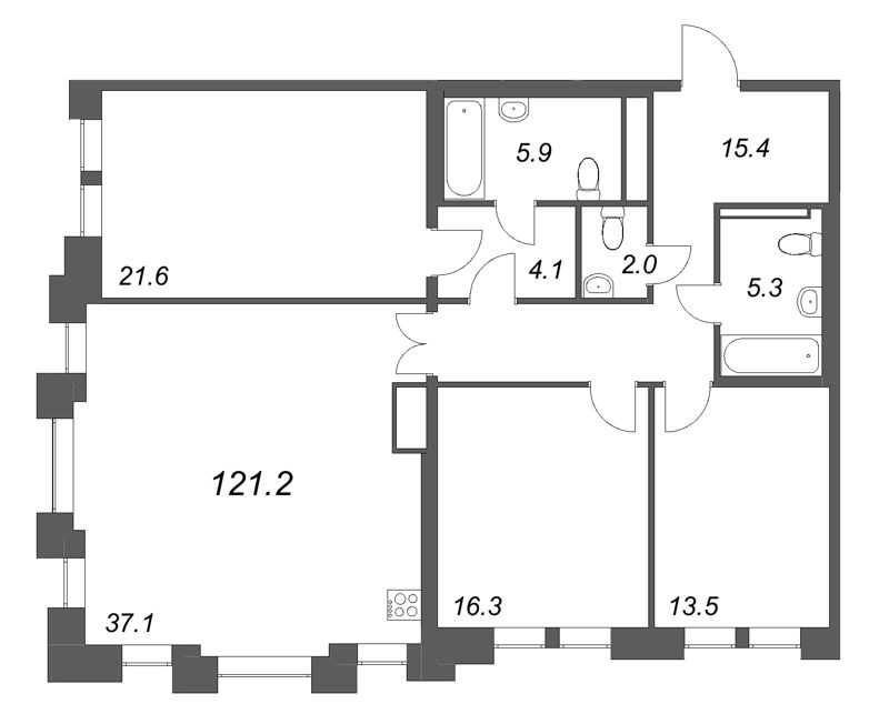 4-комнатная (Евро) квартира, 121.2 м² в ЖК "Коллекционер" - планировка, фото №1