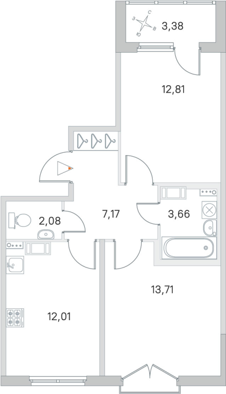 2-комнатная квартира, 51.44 м² - планировка, фото №1