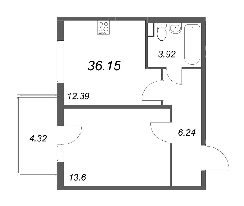 1-комнатная квартира, 36.15 м² в ЖК "Любоград" - планировка, фото №1