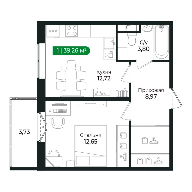 1-комнатная квартира, 38 м² в ЖК "Сертолово Парк" - планировка, фото №1